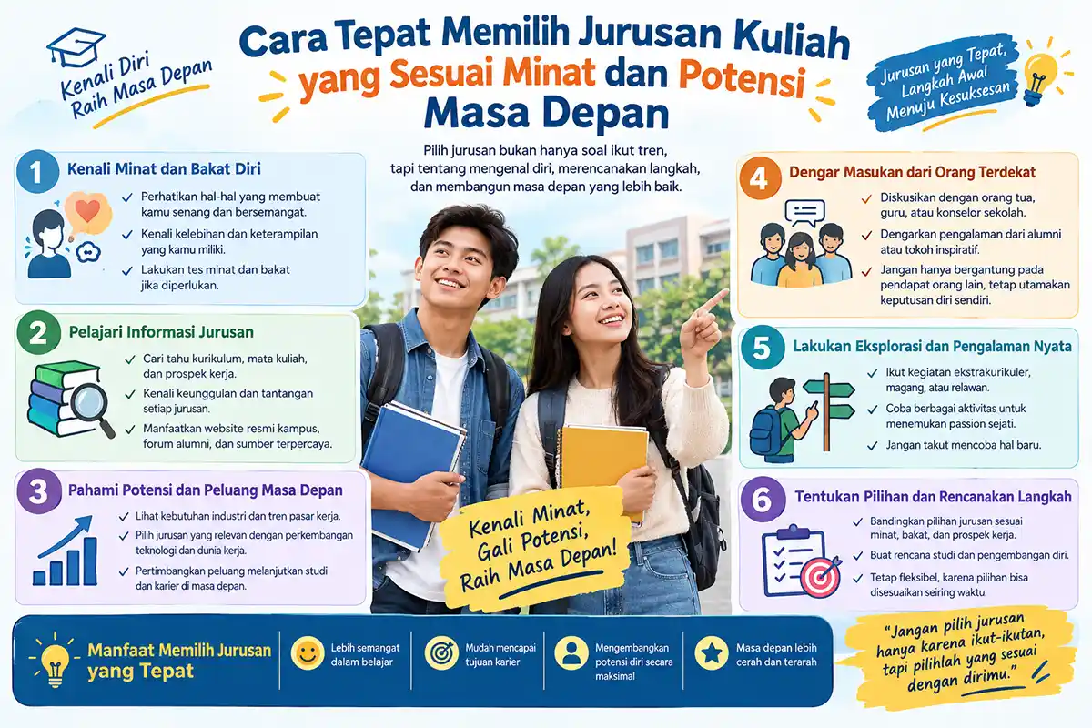 Infografis 6 langkah cara tepat memilih jurusan kuliah sesuai minat, bakat, dan potensi masa depan.