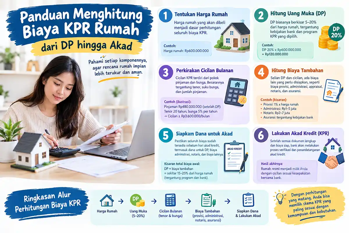 Infografis panduan menghitung biaya KPR rumah dari DP hingga proses akad kredit.