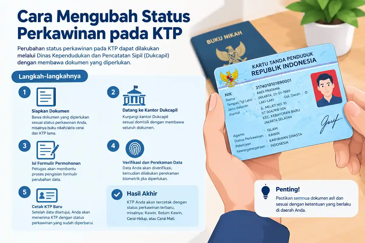 Infografis 5 langkah cara mengubah status perkawinan pada KTP di Kantor Dukcapil.