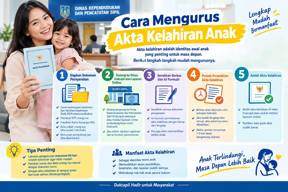 Infografis tata cara dan prosedur mengurus akta kelahiran anak dari penyiapan dokumen hingga pengambilan.