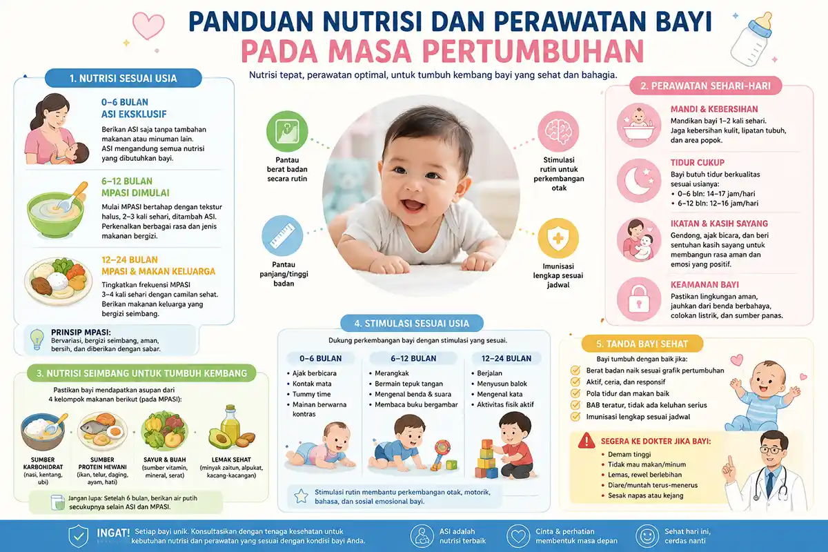 Infografis panduan nutrisi, perawatan harian, dan stimulasi pertumbuhan bayi sesuai usia.