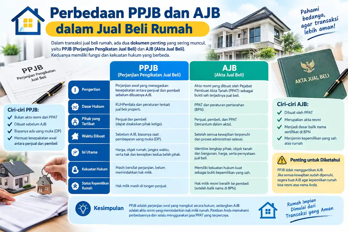 Infografis tabel perbandingan perbedaan PPJB dan AJB rumah mencakup syarat, kekuatan hukum, dan status kepemilikan.