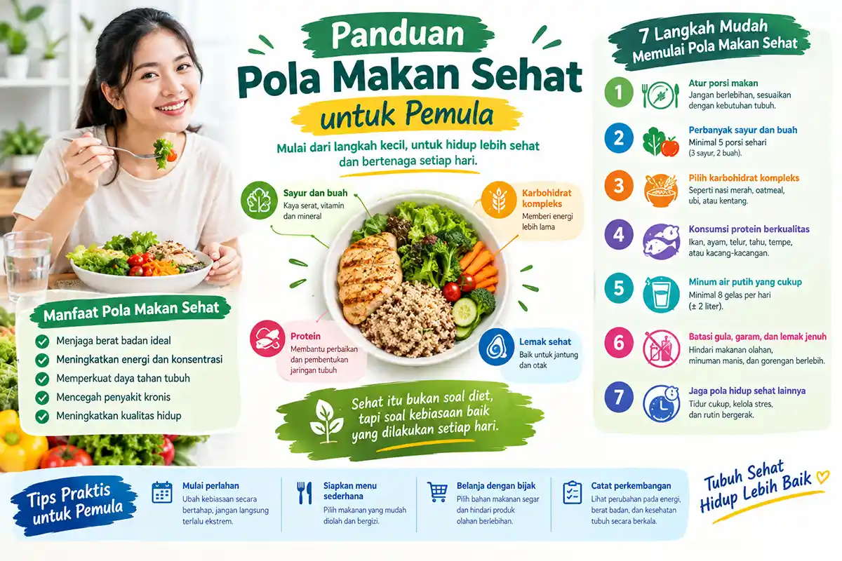 Infografis panduan pola makan sehat untuk pemula mencakup menu, porsi, dan aturan makan.