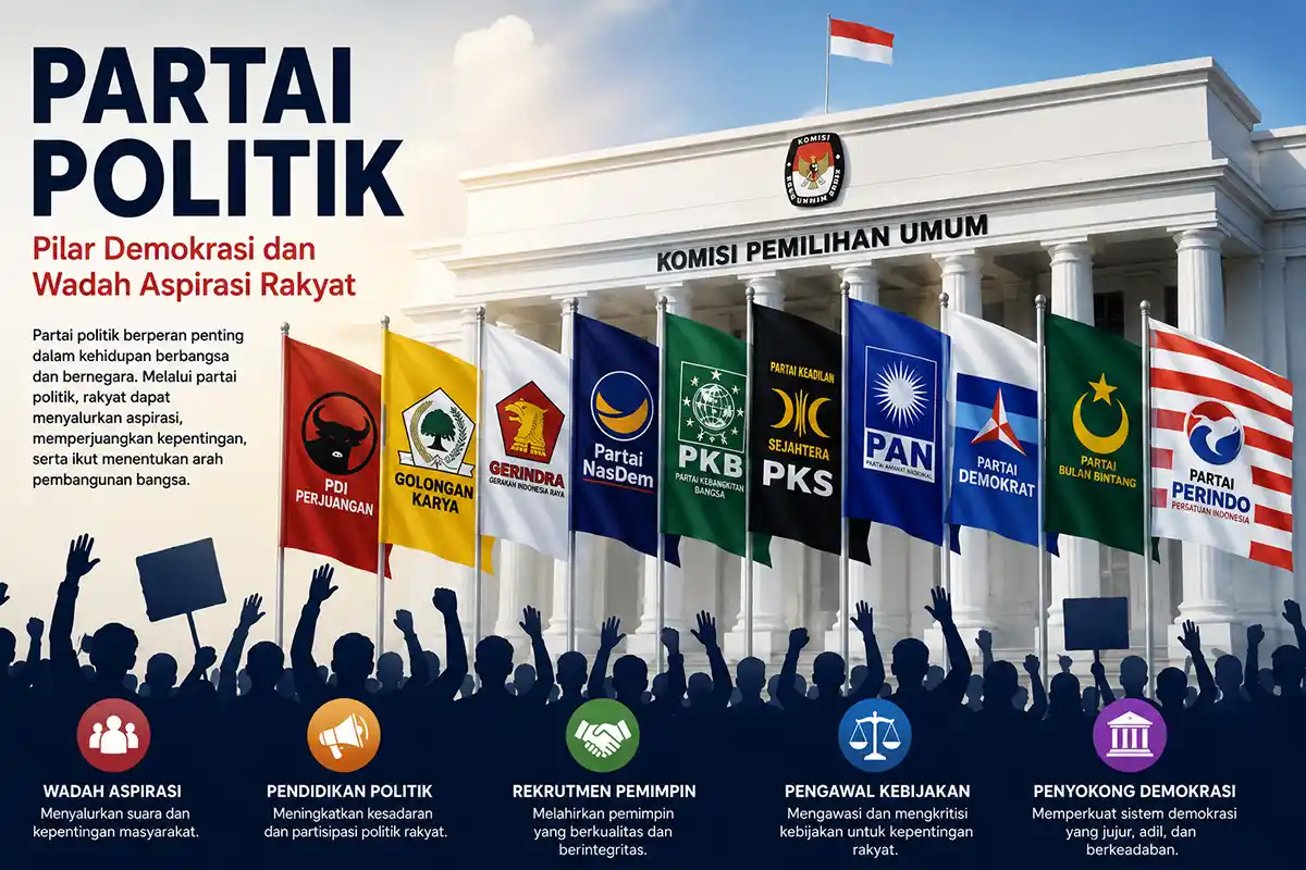 Infografis pengertian, fungsi, dan pilar partai politik di Indonesia di depan gedung KPU.