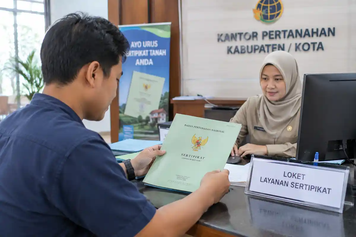 Seorang pemohon sedang menyerahkan sertifikat tanah di Loket Layanan Sertifikat Kantor Pertanahan.