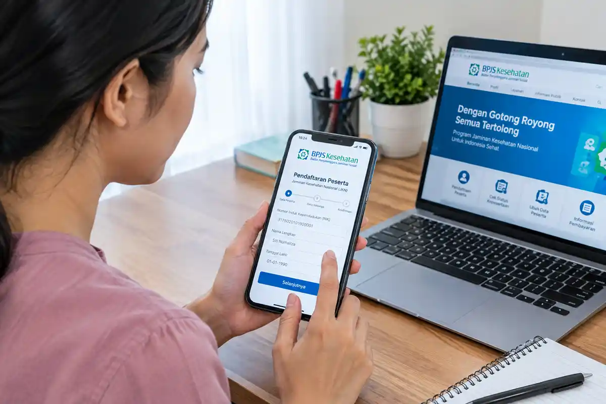 Seseorang sedang mendaftar BPJS Kesehatan secara online melalui smartphone dan laptop.