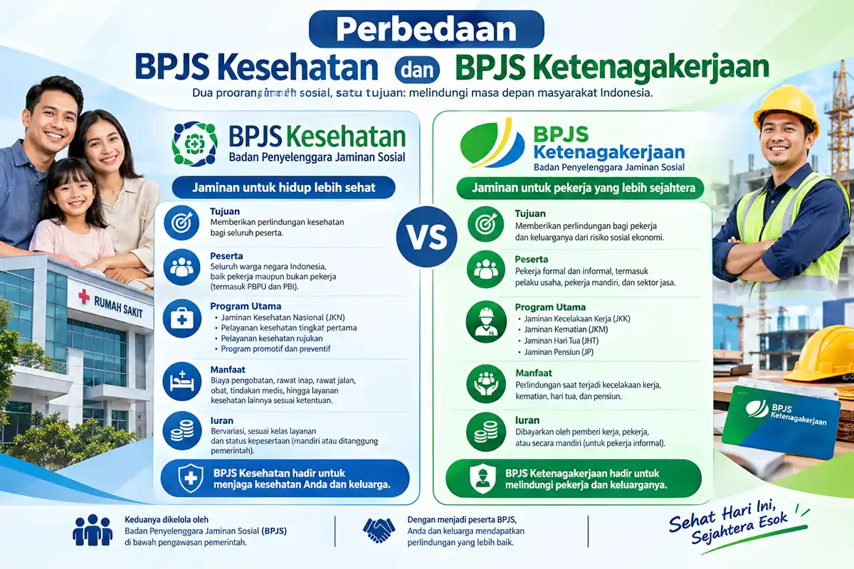 Infografis perbandingan BPJS Kesehatan dan BPJS Ketenagakerjaan meliputi tujuan, peserta, program, manfaat, dan iuran.