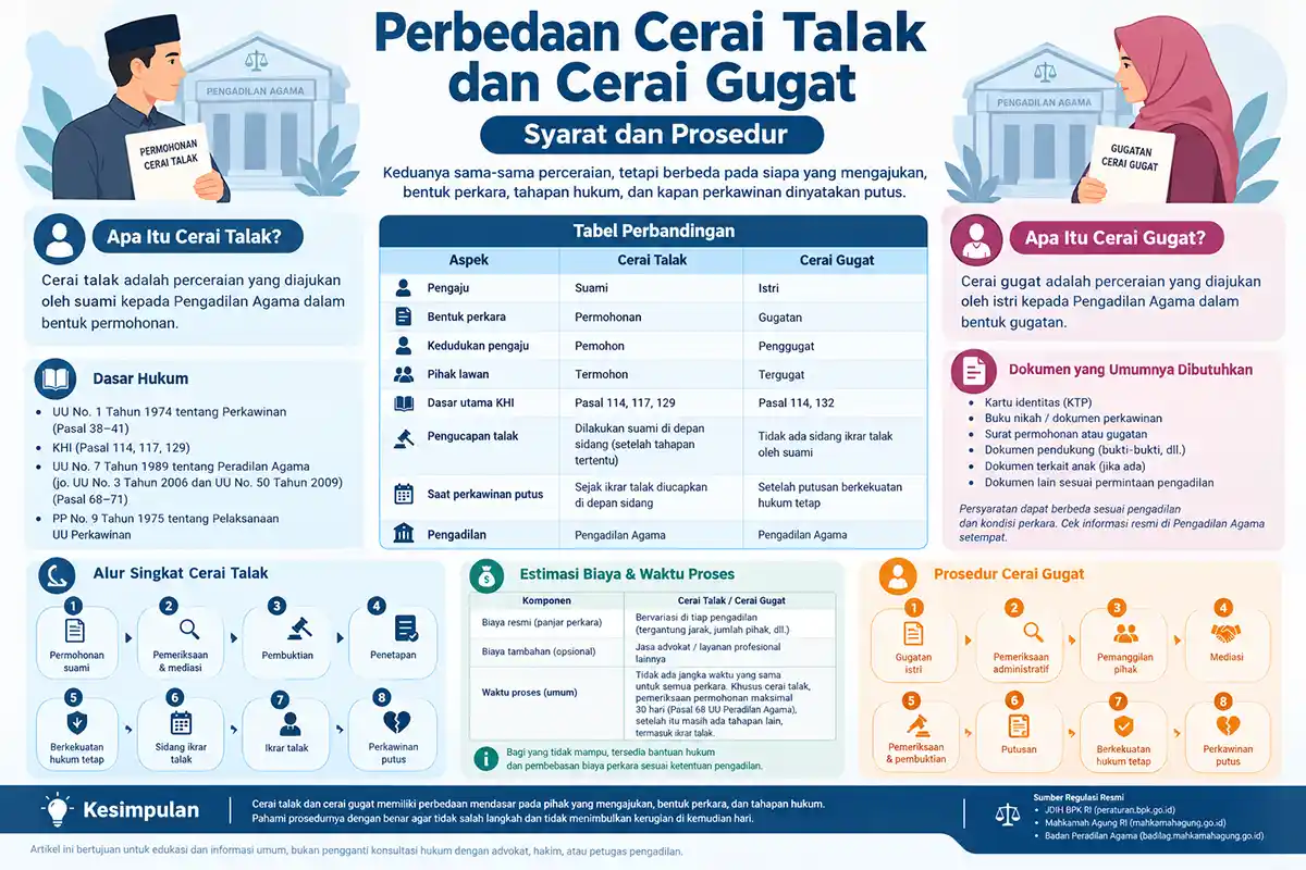 Infografis tabel perbandingan cerai talak dan cerai gugat mencakup syarat, dasar hukum, dan alur prosedur.