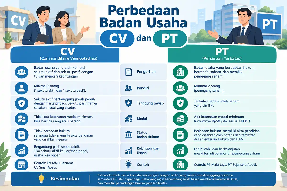 Infografis tabel perbandingan perbedaan badan usaha CV dan PT dari aspek pengertian, modal, hingga tanggung jawab hukum.