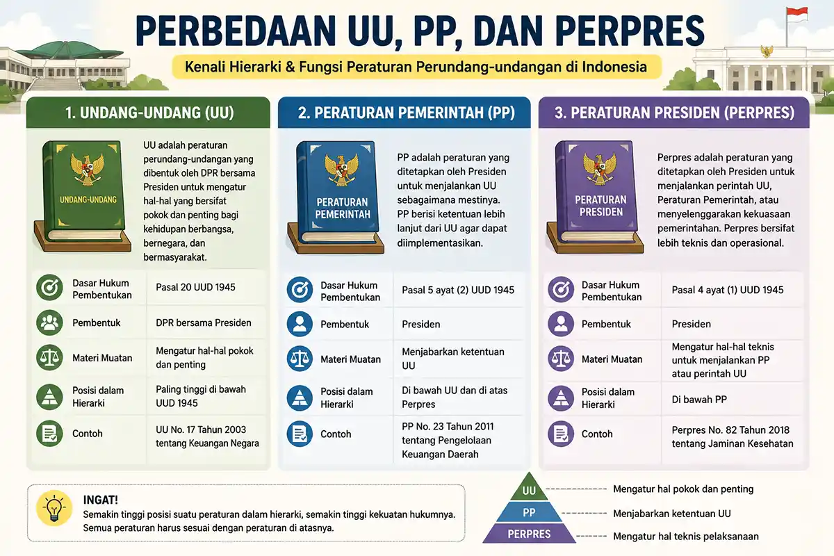 Infografis perbandingan perbedaan Undang-Undang, Peraturan Pemerintah, dan Peraturan Presiden dalam hukum Indonesia.
