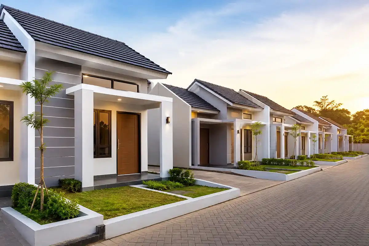 eretan rumah minimalis di kawasan perumahan modern.