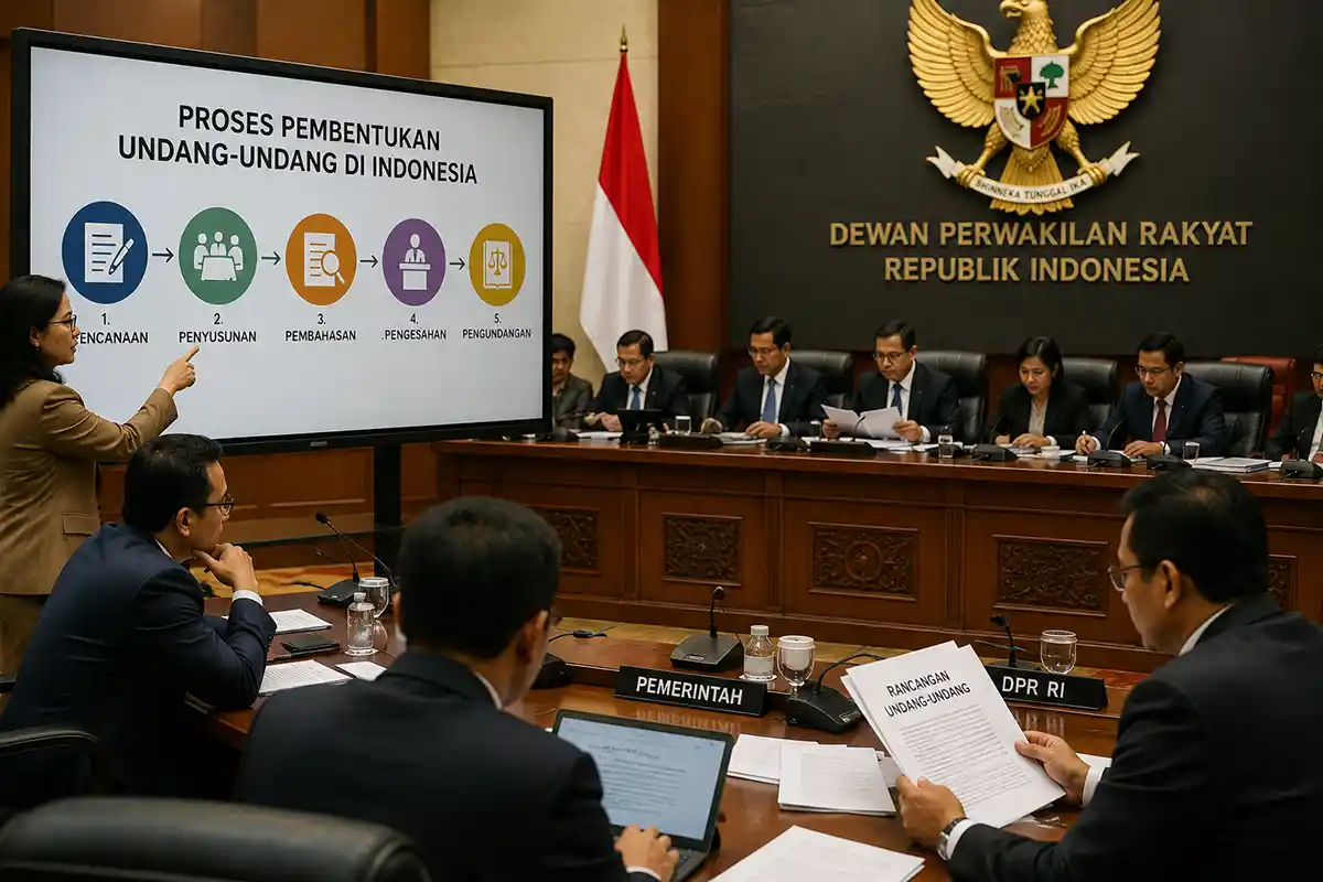 Presentasi alur 5 tahapan proses pembentukan undang-undang dalam rapat antara Pemerintah dan DPR RI.