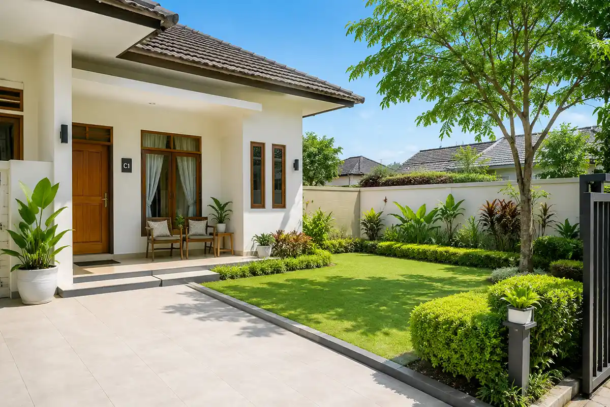 Halaman dan teras rumah minimalis yang bersih, rapi, dan asri dengan pepohonan hijau.