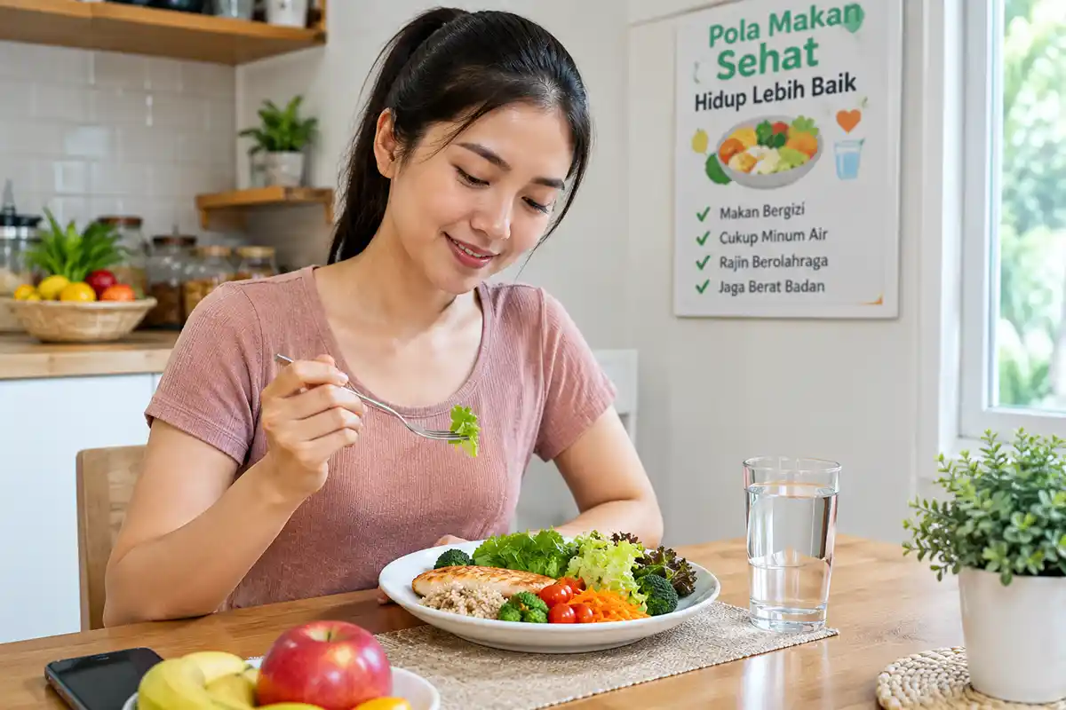 Seorang wanita tersenyum menikmati piring berisi menu makanan sehat gizi seimbang di meja makan.