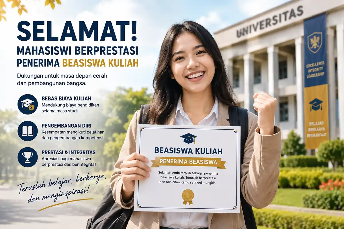 Infografis mahasiswi penerima beasiswa kuliah beserta jaminan bebas biaya studi dan pengembangan diri.