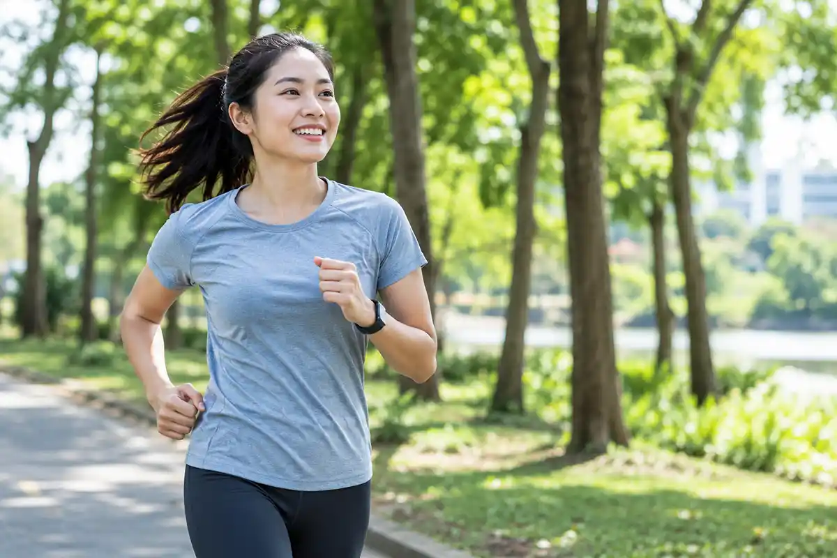Seorang wanita tersenyum ceria saat berlari pagi jogging di taman terbuka yang hijau.