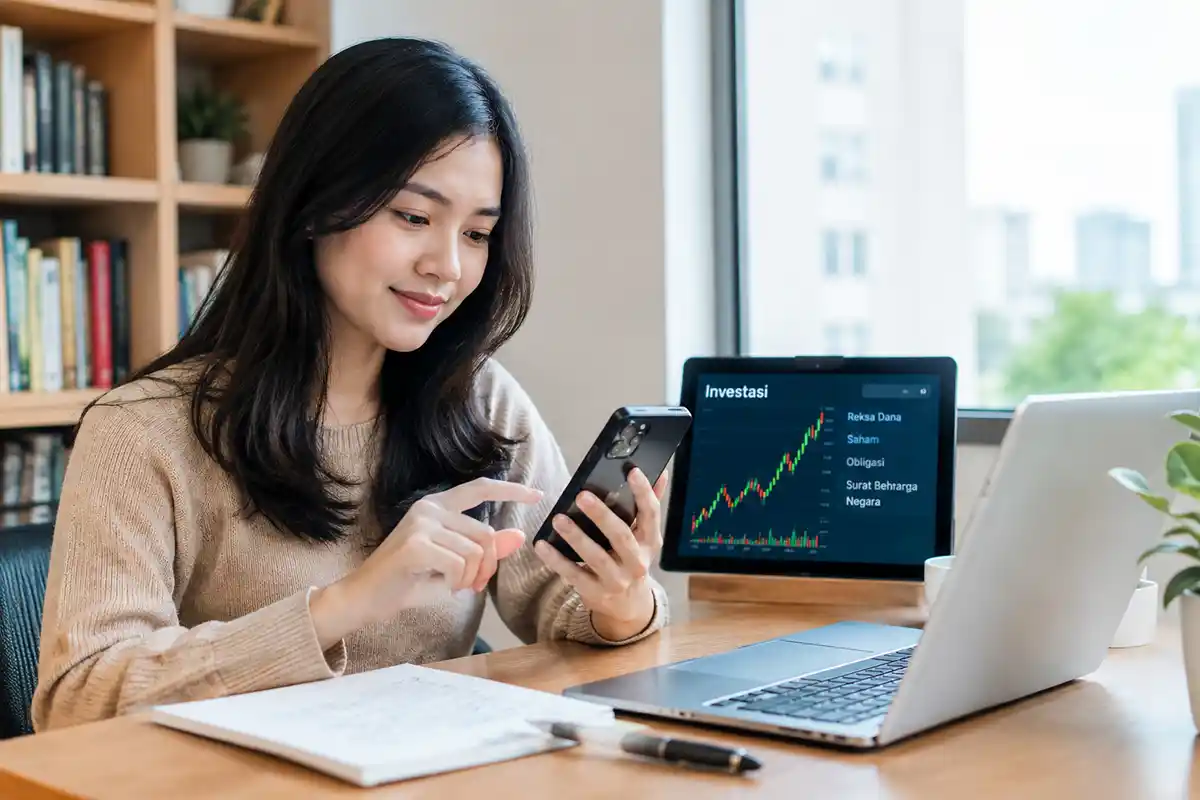 Wanita tersenyum mengecek portofolio investasi digital melalui smartphone dan laptop.