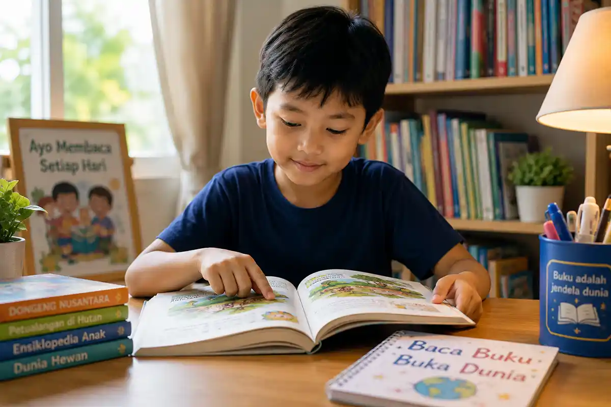 Anak laki-laki tersenyum membaca buku cerita bergambar di meja baca yang nyaman.