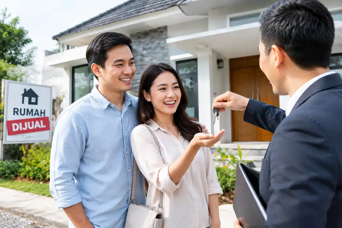 Sepasang suami istri menerima kunci rumah baru dari agen properti di depan rumah.