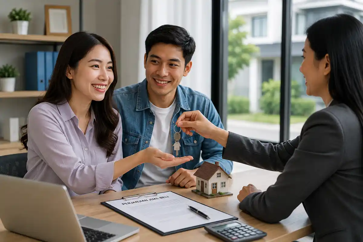 Pasangan suami istri menandatangani dokumen perjanjian jual beli rumah dan menerima kunci dari pihak notaris atau pengembang.