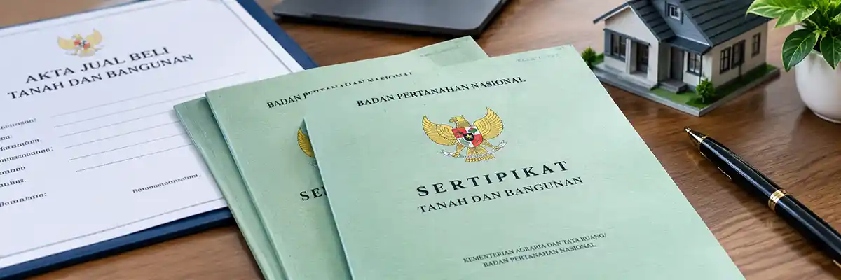 Tumpukan berkas Sertifikat Tanah dan Bangunan serta Akta Jual Beli di atas meja.