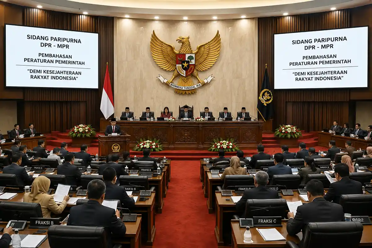 Suasana sidang paripurna DPR dan MPR di gedung parlemen Indonesia.