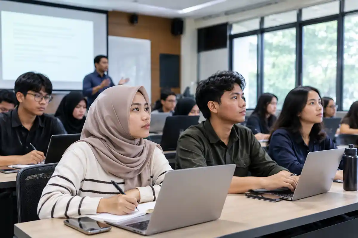 Beberapa mahasiswa dan mahasiswi fokus memperhatikan perkuliahan di dalam ruang kelas kampus.