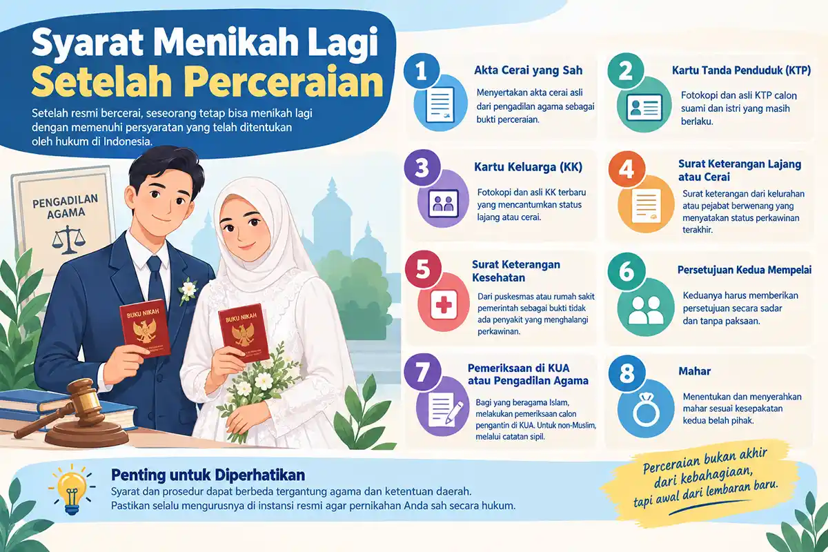 Infografis syarat dan prosedur menikah lagi setelah perceraian di Indonesia.
