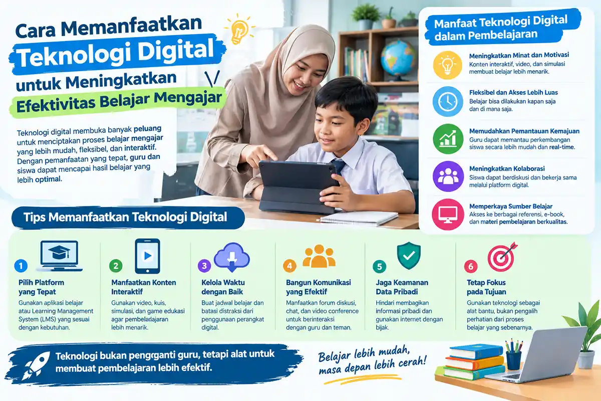 Infografis berisi tips dan manfaat penggunaan teknologi digital dalam meningkatkan efektivitas pembelajaran.