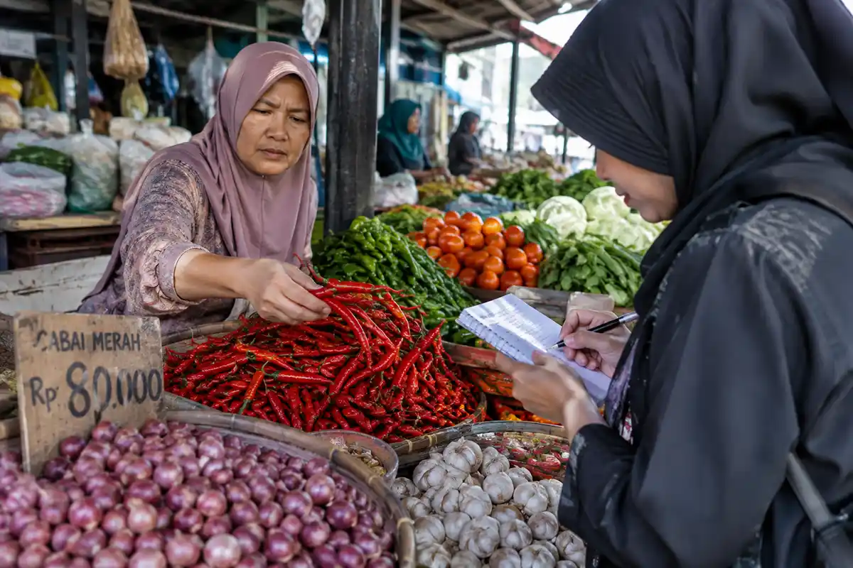 Penjual cabai merah dan pembeli di pasar tradisional dengan papan harga Rp80.000.