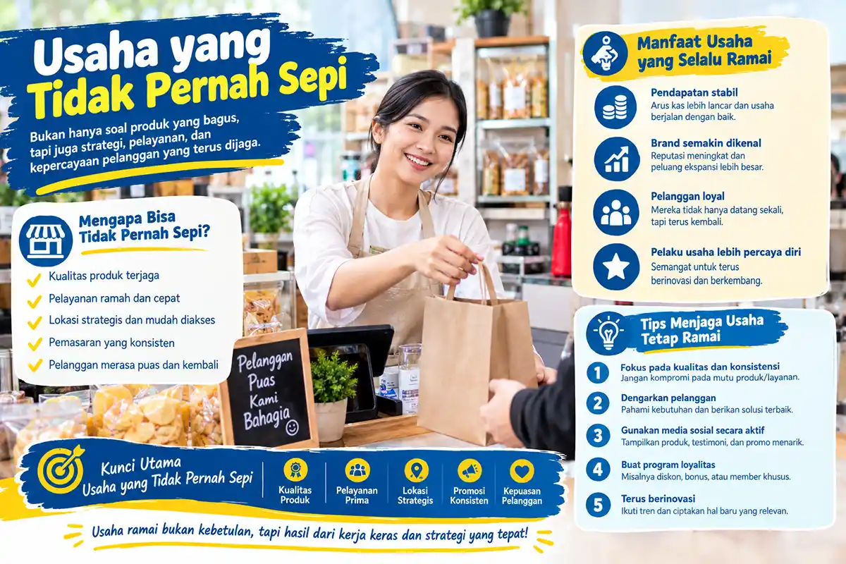 Seorang kasir wanita tersenyum sambil menyerahkan kantong belanjaan kepada pelanggan di toko.