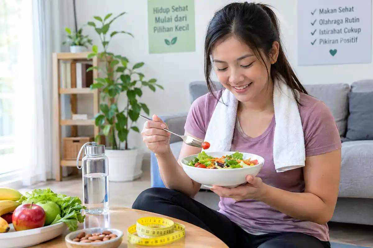 Seorang wanita tersenyum menikmati makanan sehat berisi salad sayur segar dengan pita pengukur di meja.