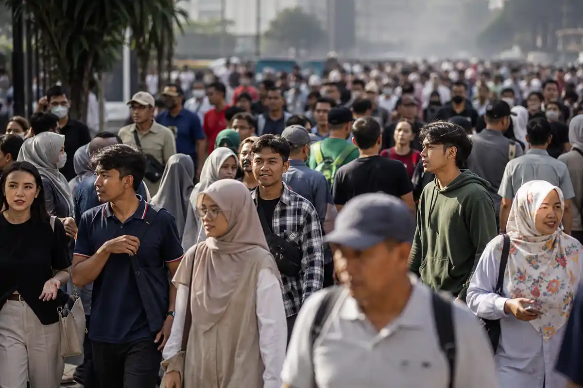 Masyarakat Indonesia dari berbagai kalangan berjalan di area perkotaan.