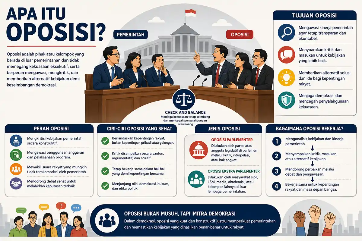 Infografis penjelasan pengertian, peran, tujuan, dan jenis oposisi dalam demokrasi.